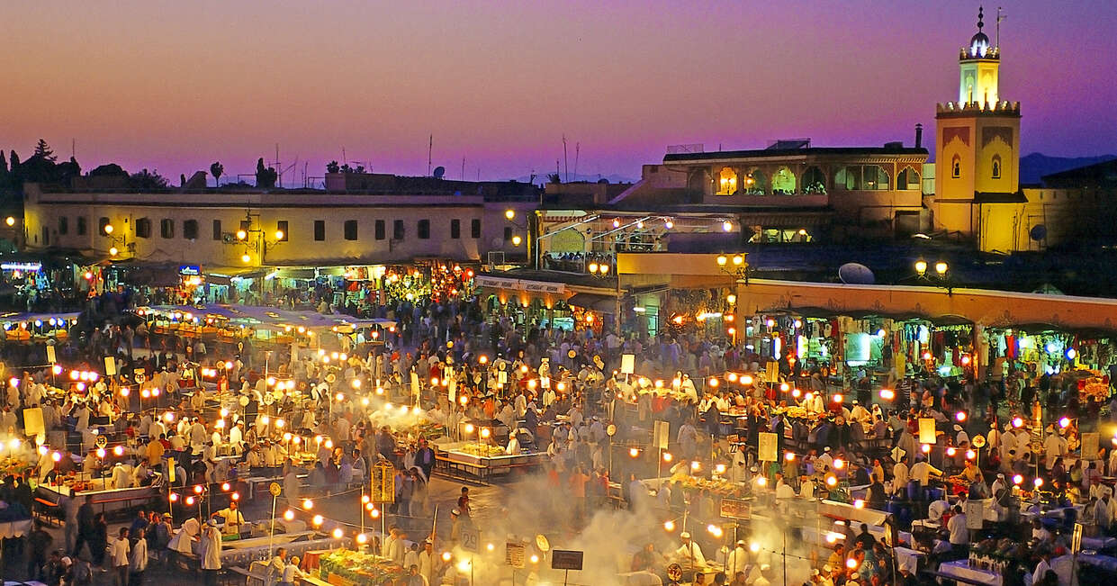 Wide view of Marrakech's open-air market